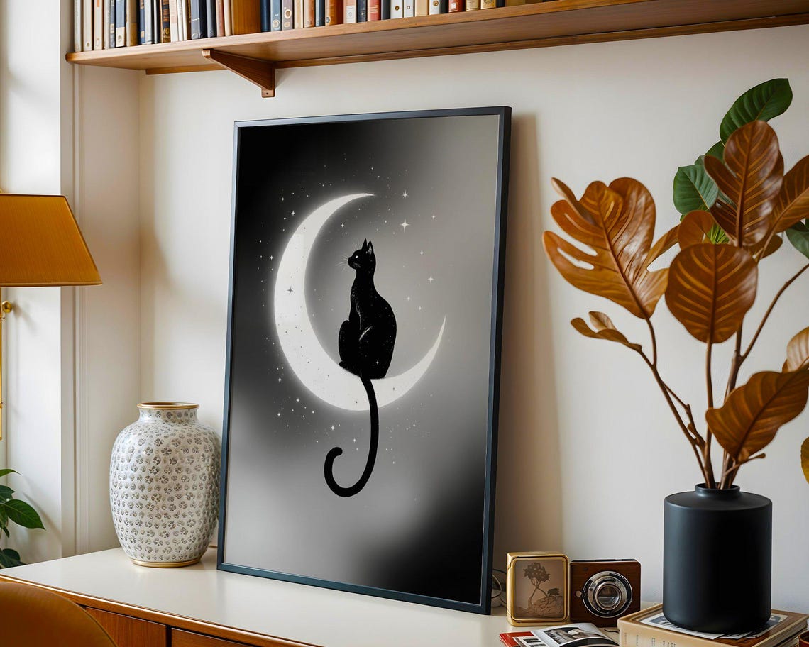Black Cat Silhouette Sitting on a Crescent Moon in a Starry Sky Poster - Image 2