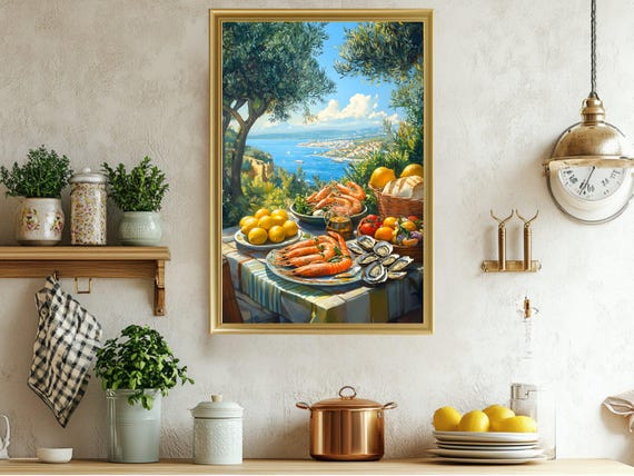 Mediterranean Coastal Feast Wall Art Vibrant Dining Decor Print Seafood And Citrus Painting Nautical Home Accent