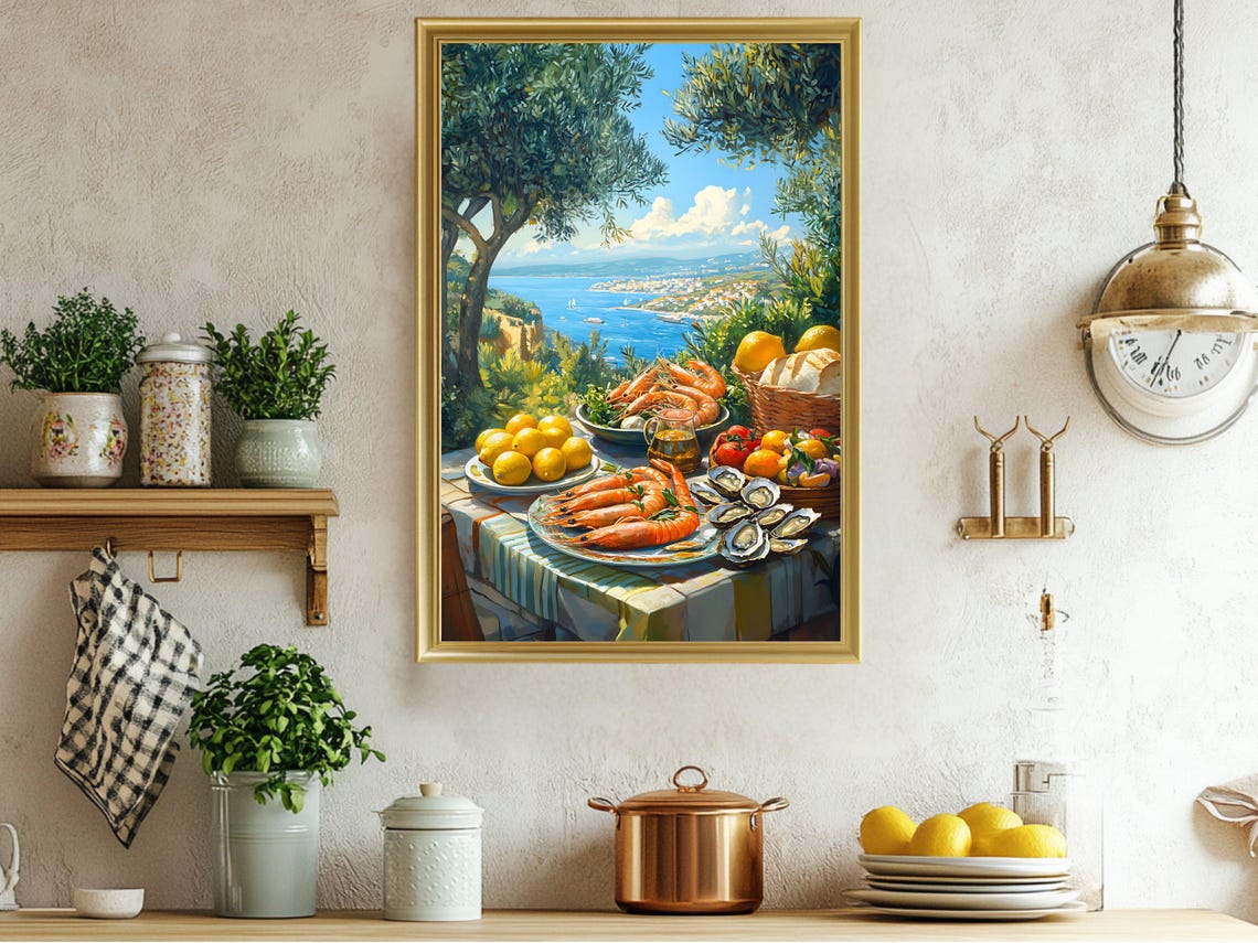 Mediterranean Coastal Feast Wall Art Vibrant Dining Decor Print Seafood And Citrus Painting Nautical Home Accent