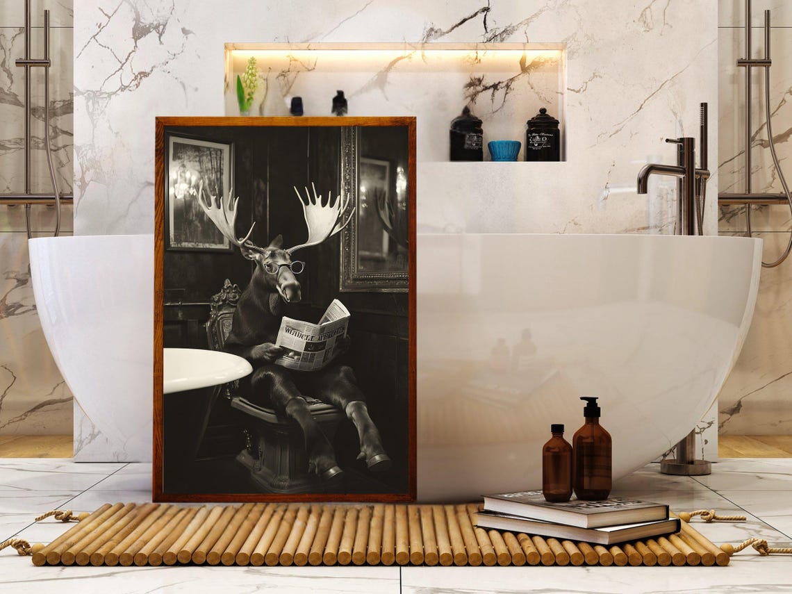 Moose Wearing Glasses Reading Newspaper Sepia Tone Bathroom Poster - Image 5