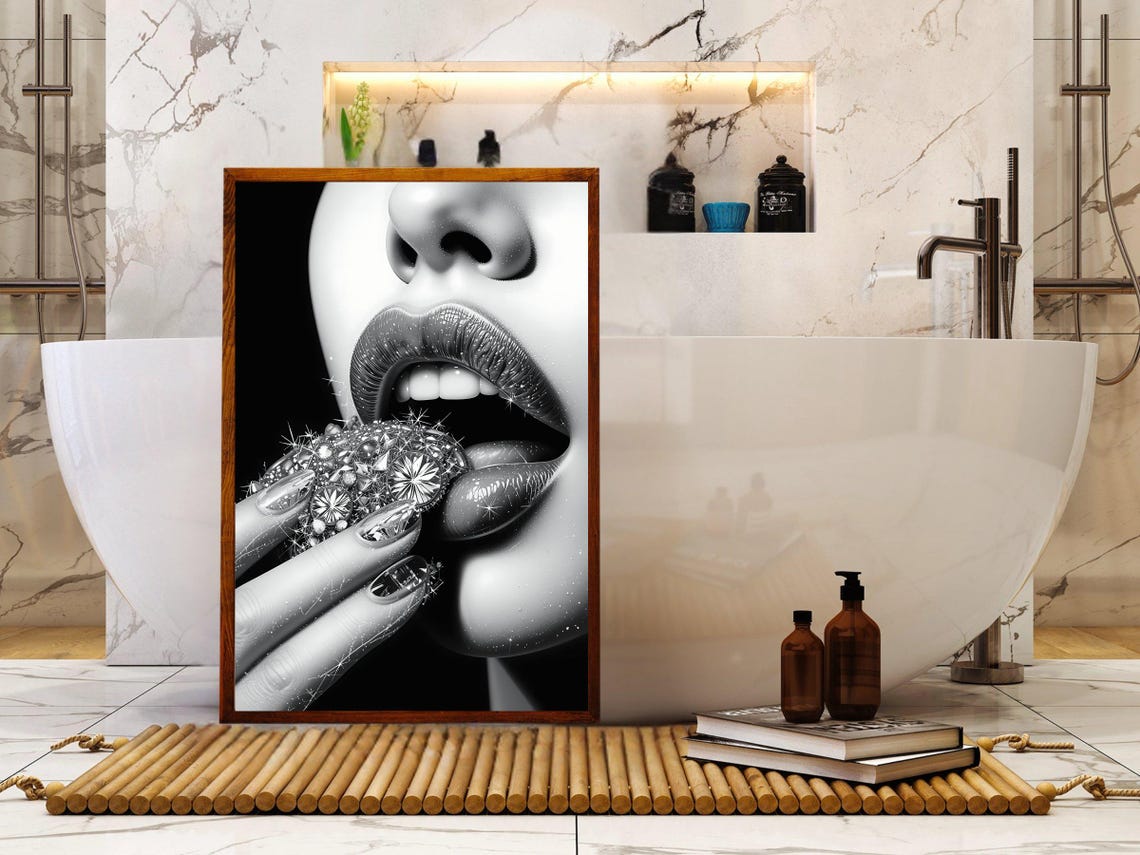 Sparkling Lips With Diamond Jewel Black White Glamour Poster - Image 4