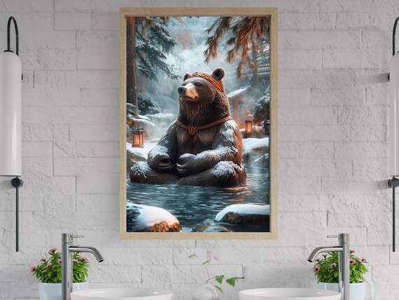Meditating Zen Bear in Snowy Forest Hot Spring Winter Art Print