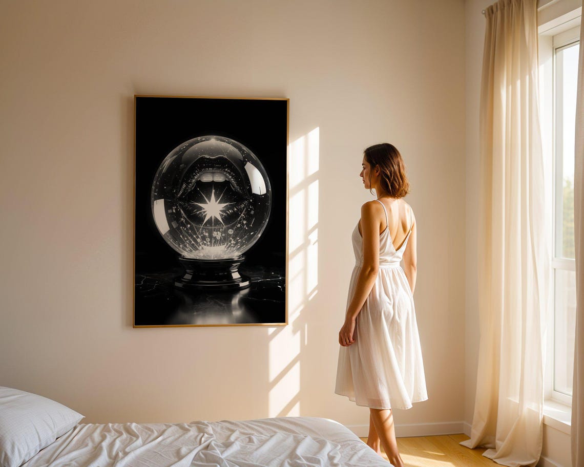 Crystal Ball With Sparkling Lips Black White Mystical Poster - Image 5