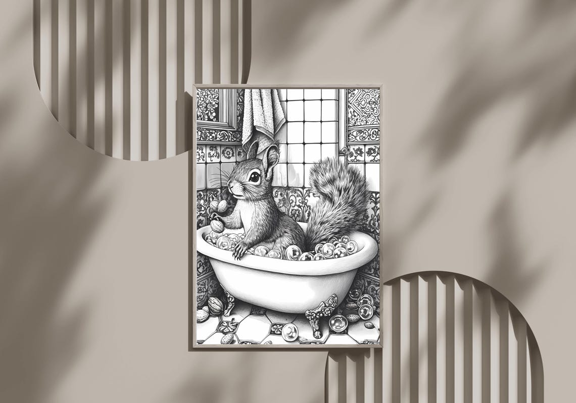 Squirrel Bathing with Walnuts in an Engraved Bathtub Sketch Poster