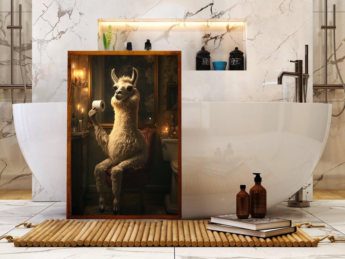 Llama Holding Toilet Paper In Candlelit Bathroom Funny Animal Poster - Image 5