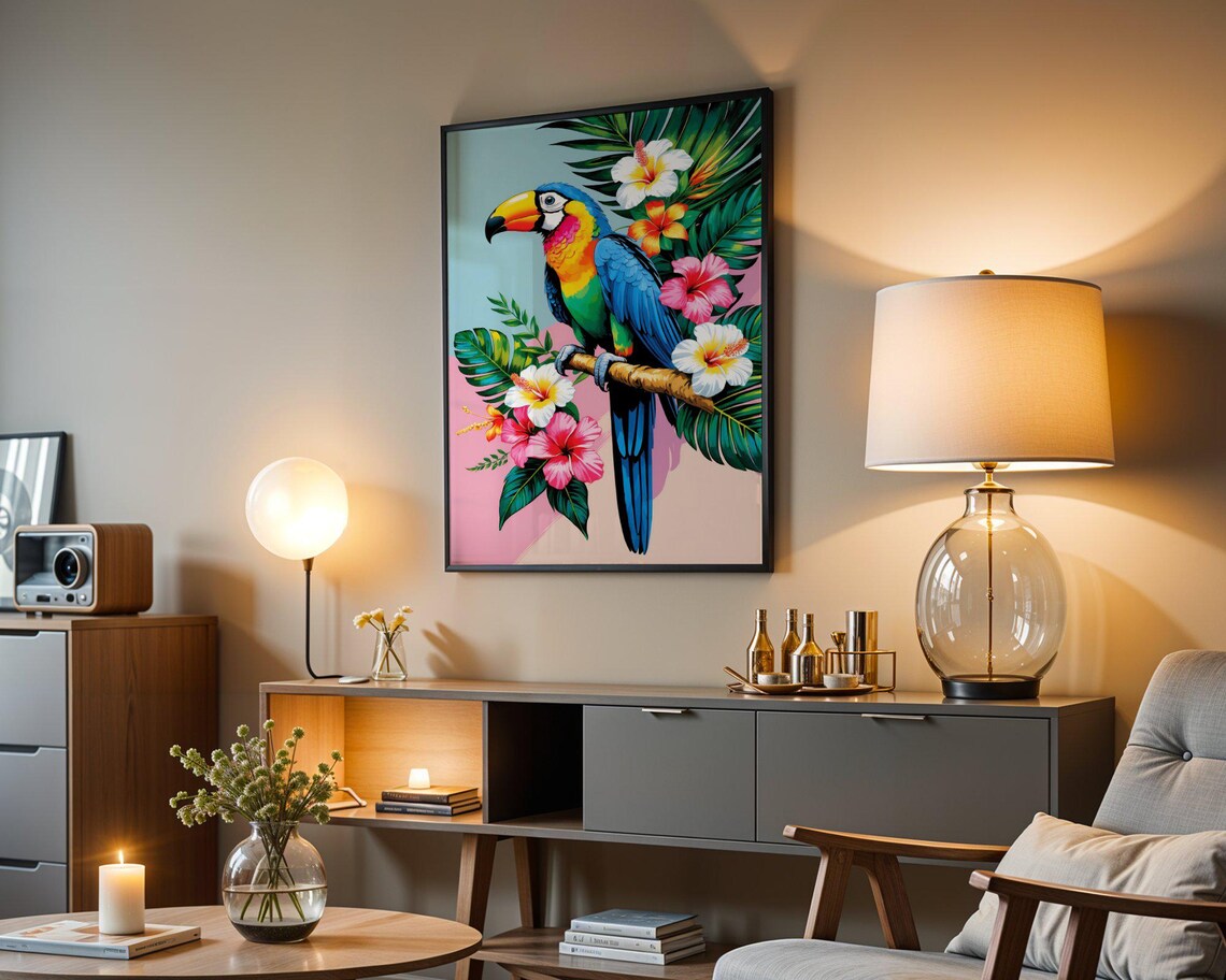 Colorful Toucan Perched Among Hibiscus Flowers And Palm Leaves Poster - Image 3
