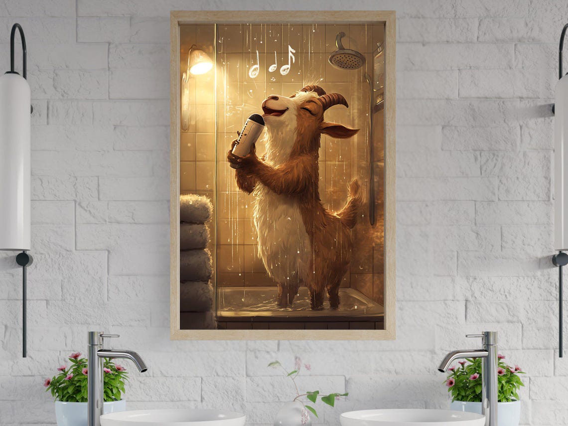 Singing Goat In Shower Holding Bottle Musical Notes Animal Poster