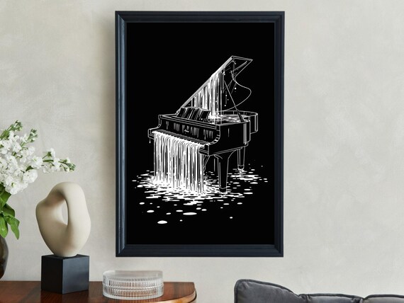 Melting Grand Piano Black And White Surreal Line Art Music Poster