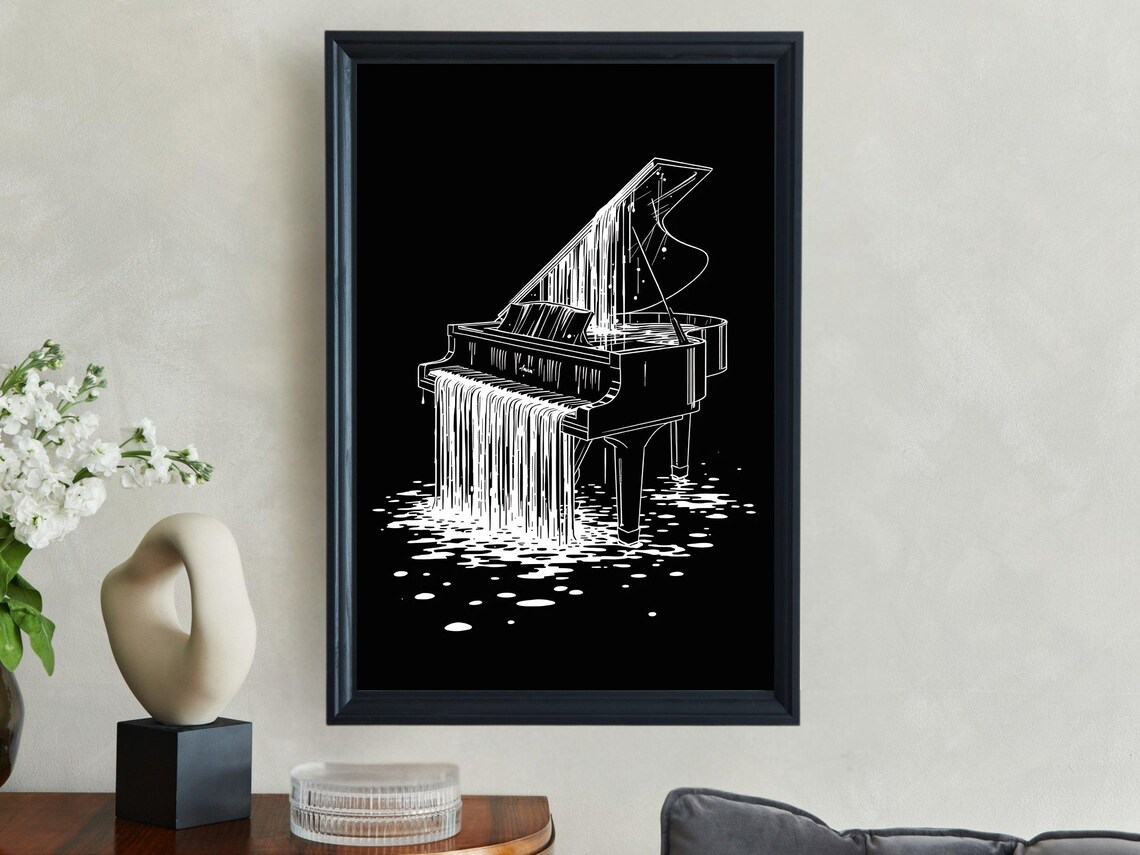 Melting Grand Piano Black And White Surreal Line Art Music Poster