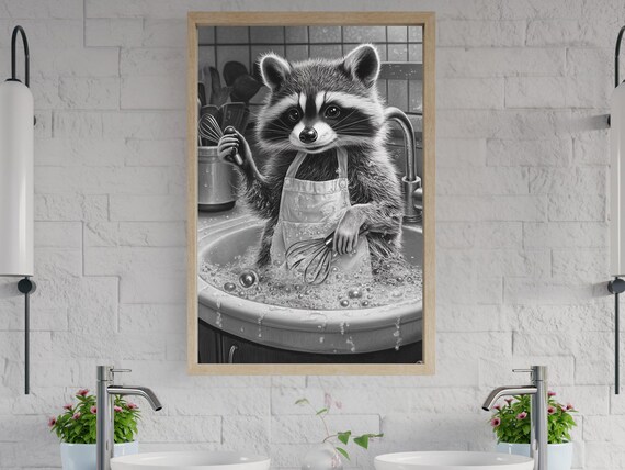 Raccoon in an Apron Washing Dishes Black and White Art Print