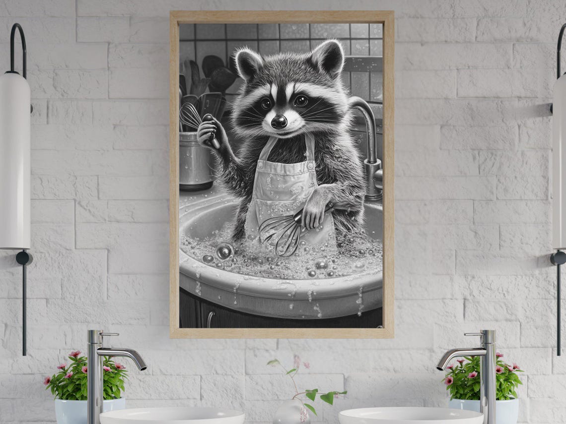 Raccoon in an Apron Washing Dishes Black and White Art Print