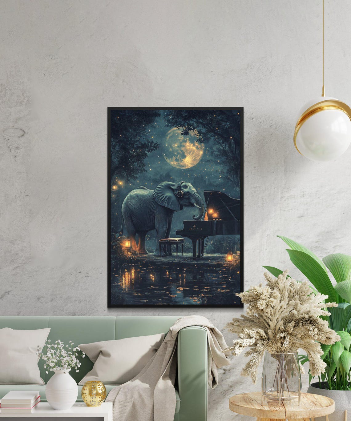 Elephant Playing Grand Piano Under A Full Moon At Night Poster - Image 2