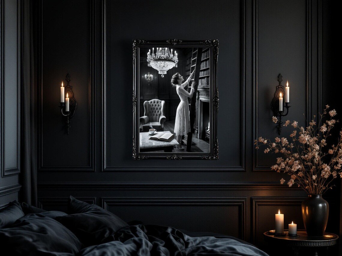 Woman in Lace Dress Climbing Library Ladder, Chandelier Poster - Image 3