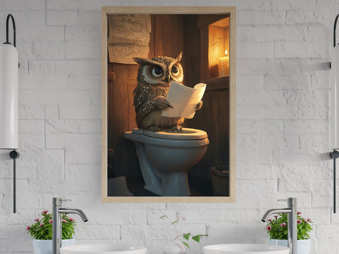Little Owl Reading Letter On Toilet In Rustic Bathroom Animal Poster