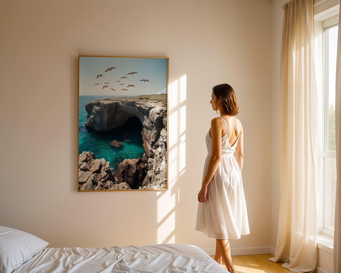 Sea Cave Natural Rock Arch Over Turquoise Water With Seagulls Poster - Image 4