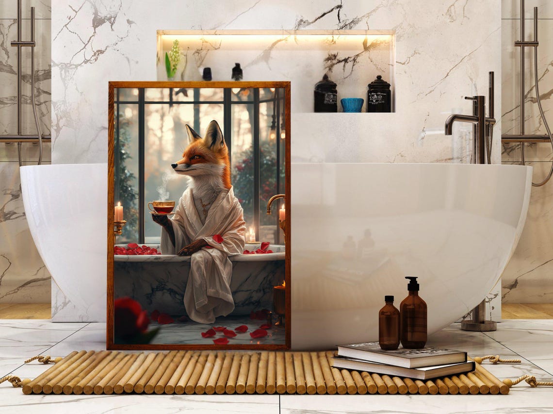 Elegant Fox in a Bathrobe Sipping Hot Tea on a Marble Bathtub Poster - Image 5
