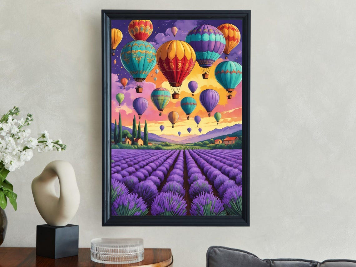 Colorful Hot Air Balloons Over Lavender Fields Sunset Poster