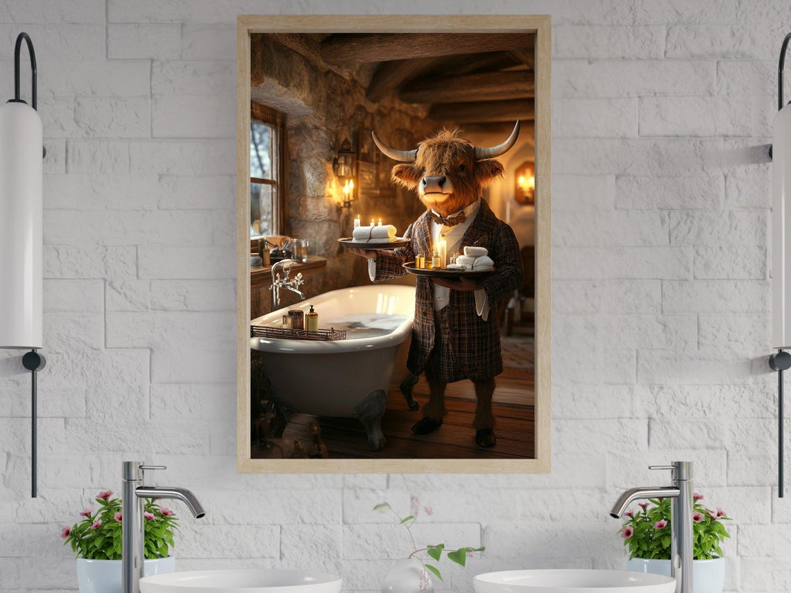 Highland Cow Butler in a Plaid Suit Serving Towels Bath Poster