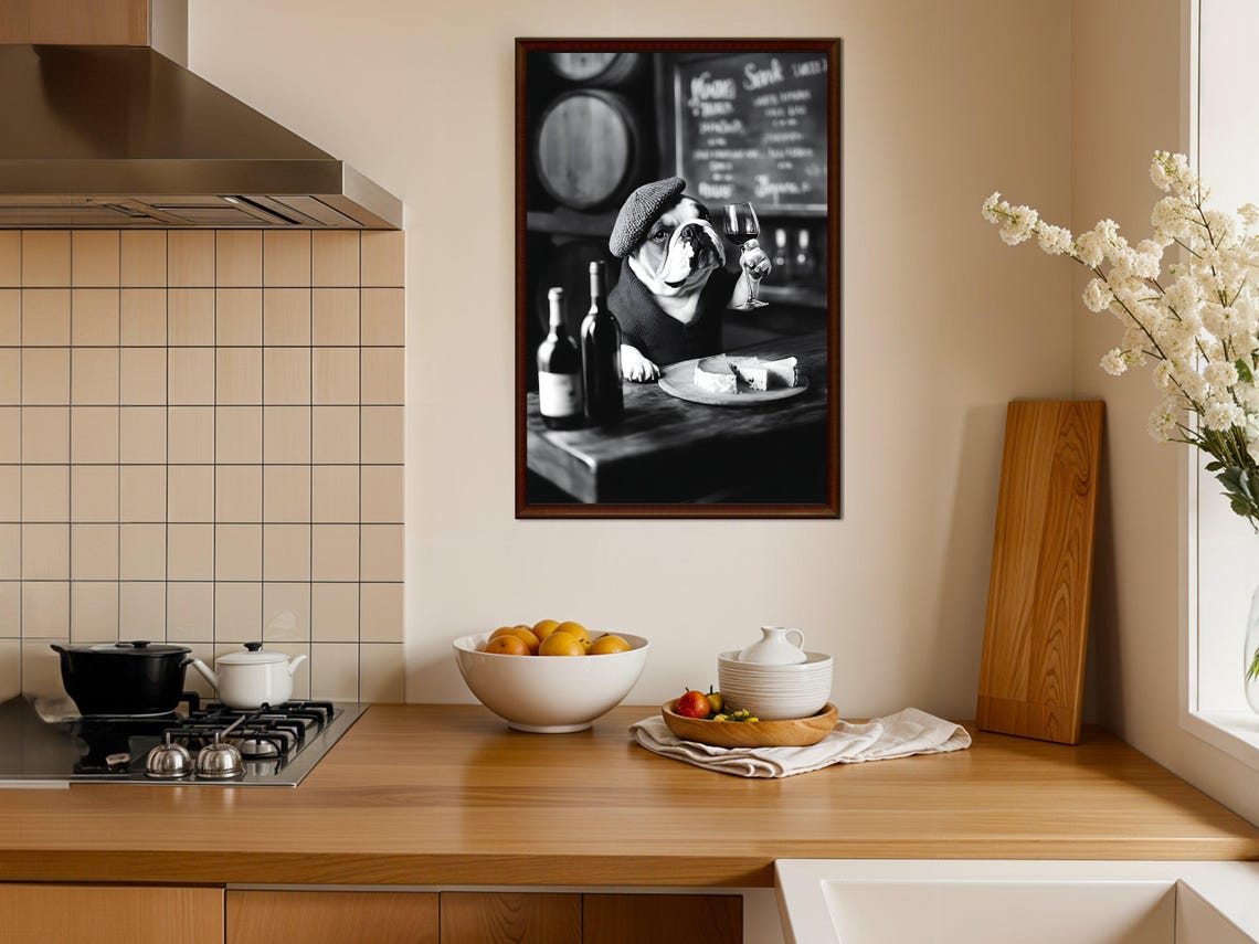 Bulldog in Beret Tasting Wine With Cheese Platter Bar Poster - Image 4