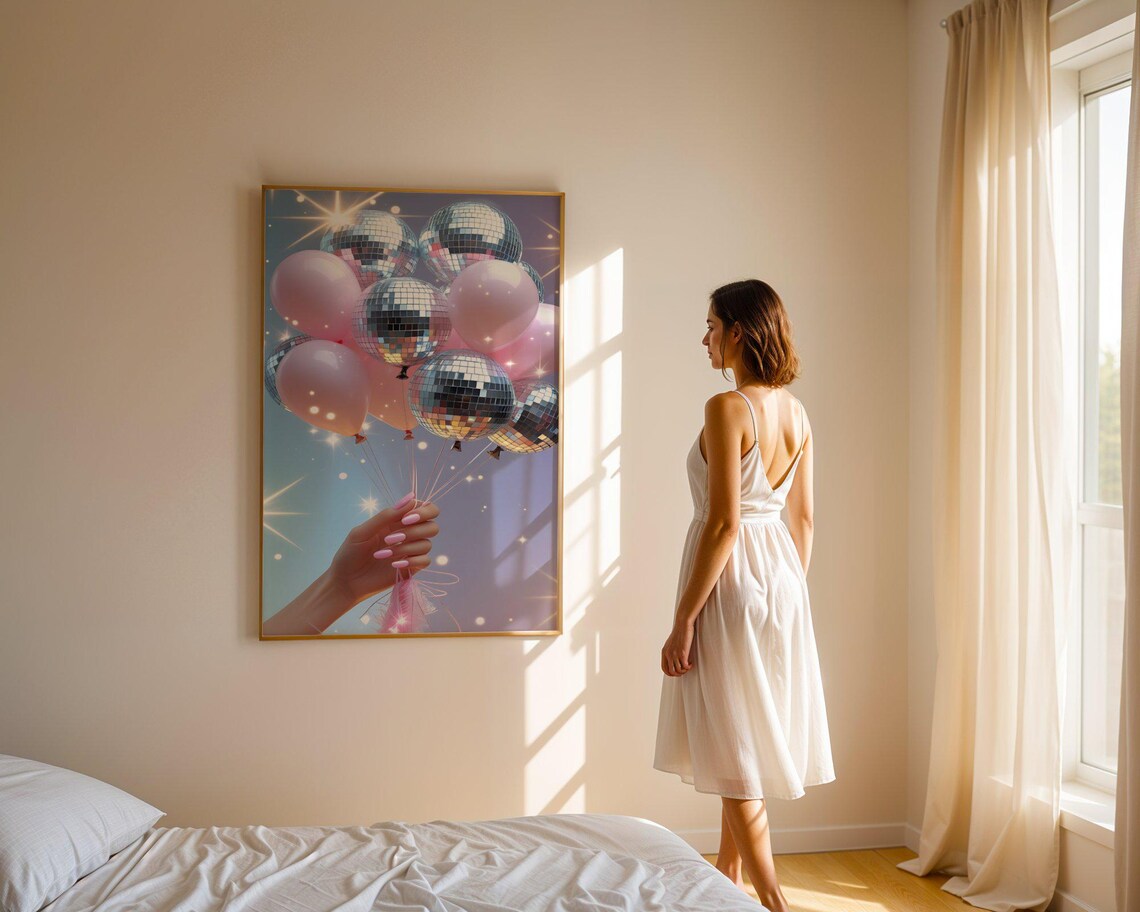 Hand Holding Disco Ball And Pink Balloon Bouquet Celebration Poster - Image 3