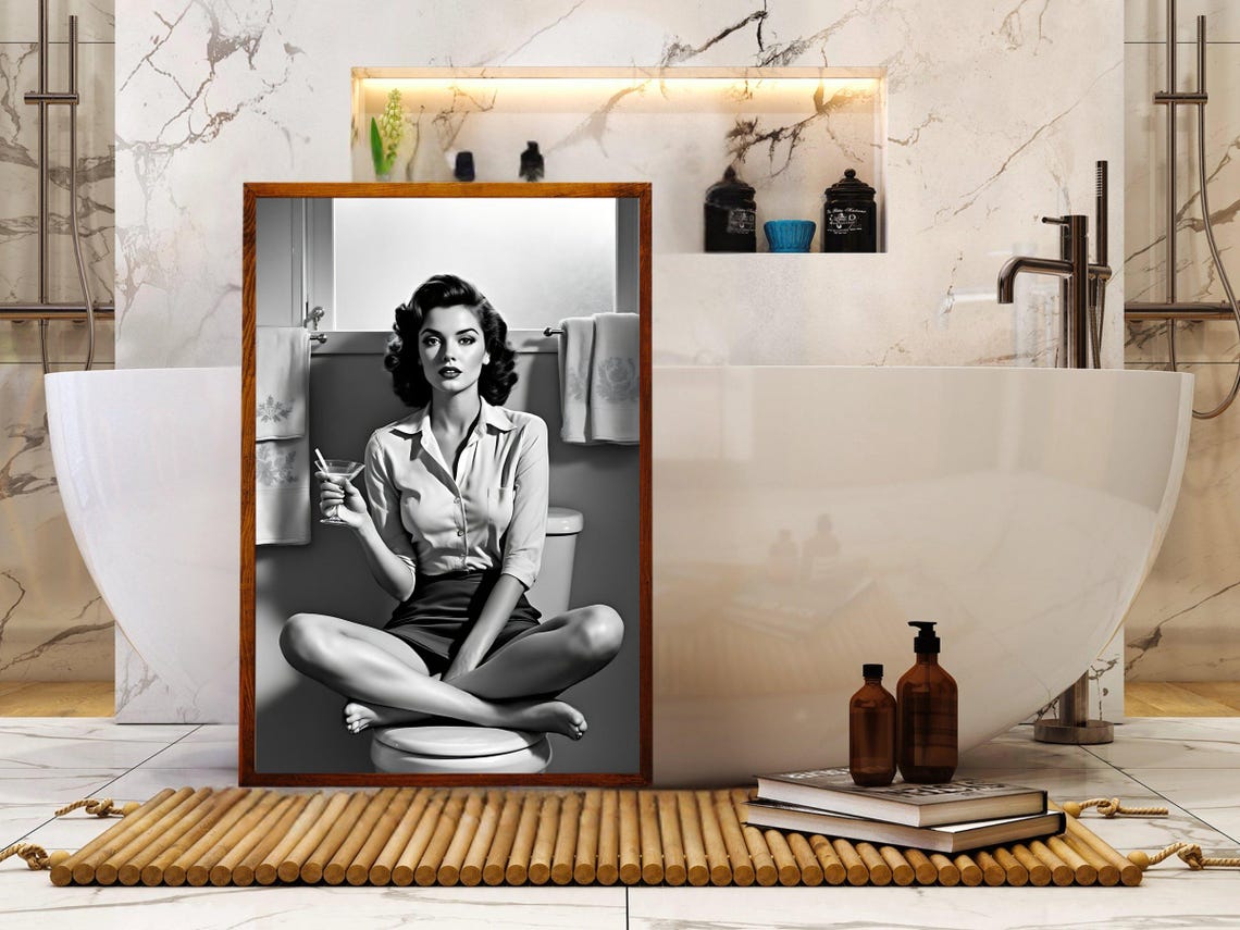 Dark Haired Pin Up Woman With Martini In Tiled Bathroom Poster - Image 4