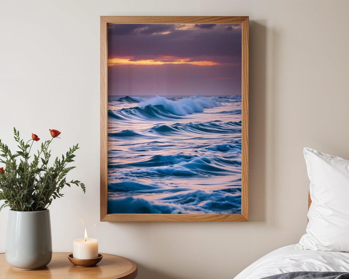 Purple Sunset over Rolling Ocean Waves Dramatic Seascape Poster