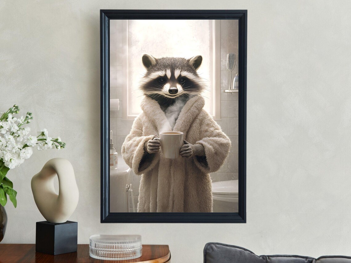Cozy Raccoon in a Fluffy Bathrobe Holding a Hot Cup of Coffee Poster - Image 2