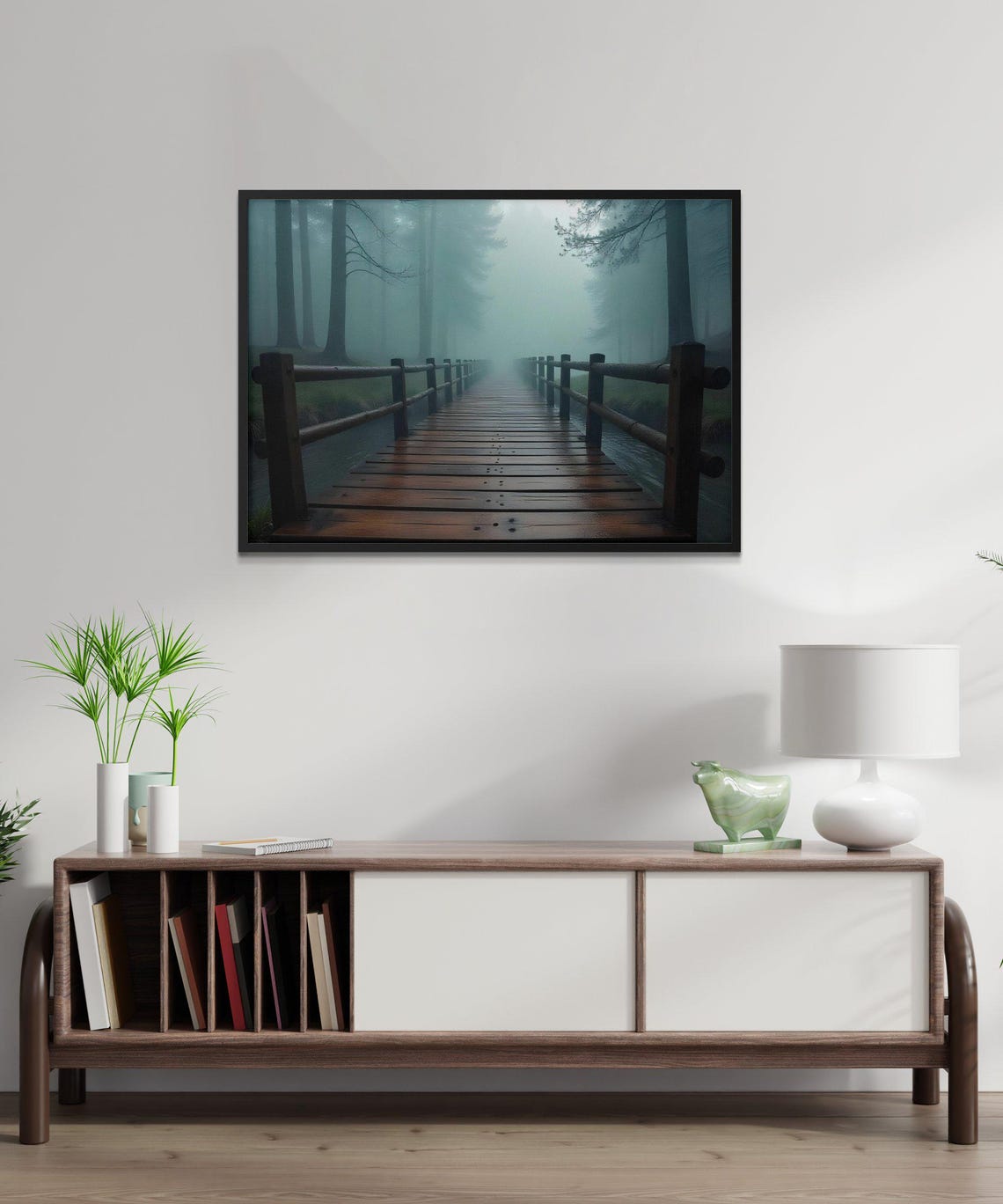Weathered Wooden Bridge In Foggy Pine Forest Mystical Nature Poster - Image 3