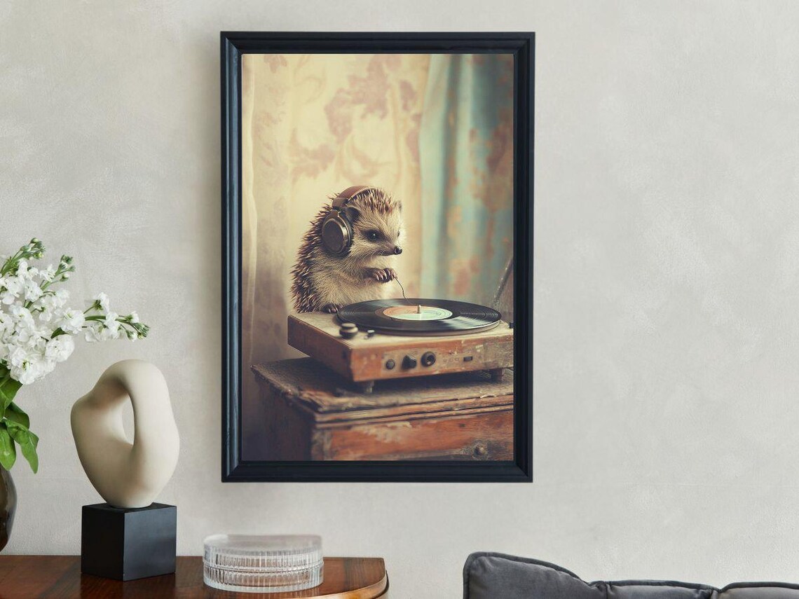 Hedgehog DJ Headphones Vinyl Record Player Funny Music Art Print