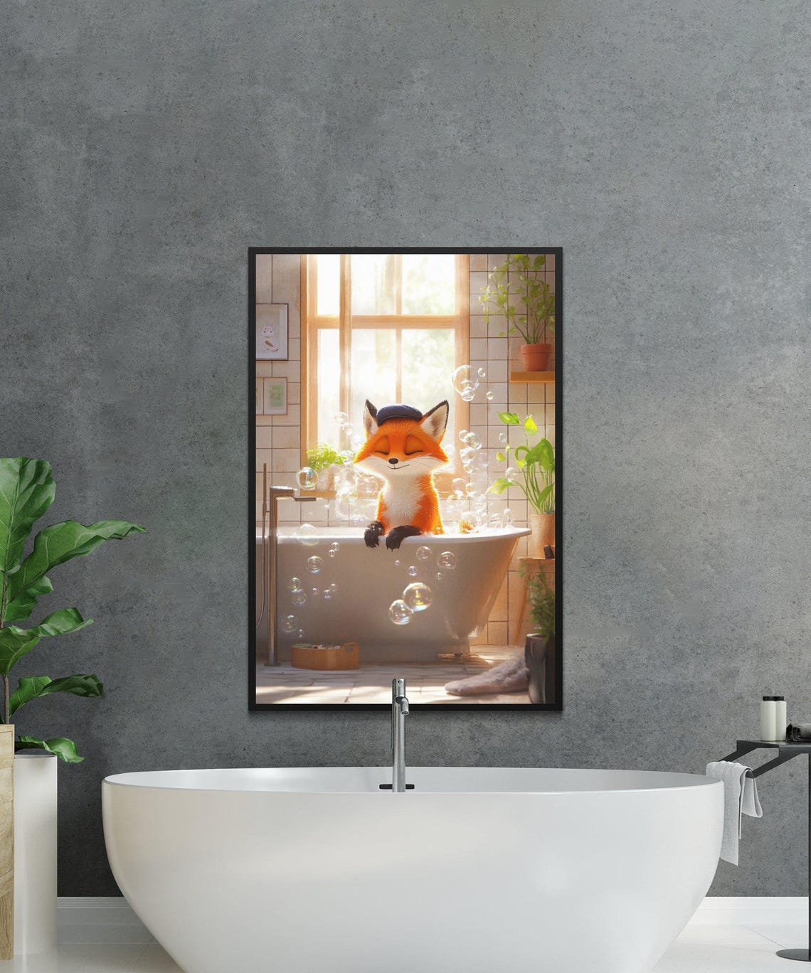 Happy Cartoon Fox in a Bubble Bath Sunny Bathroom Decor Poster - Image 2