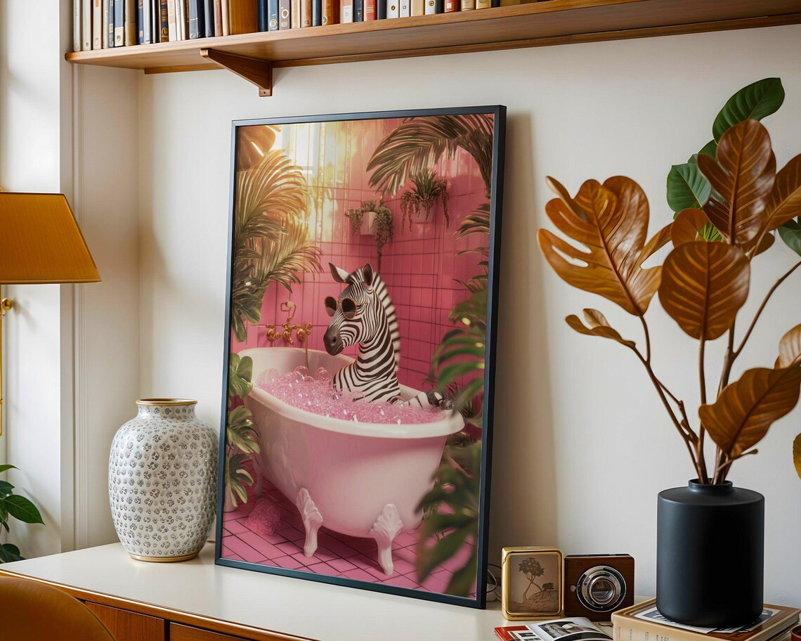 Zebra in Sunglasses in a Pink Bathtub Tropical Bathroom Poster - Image 4