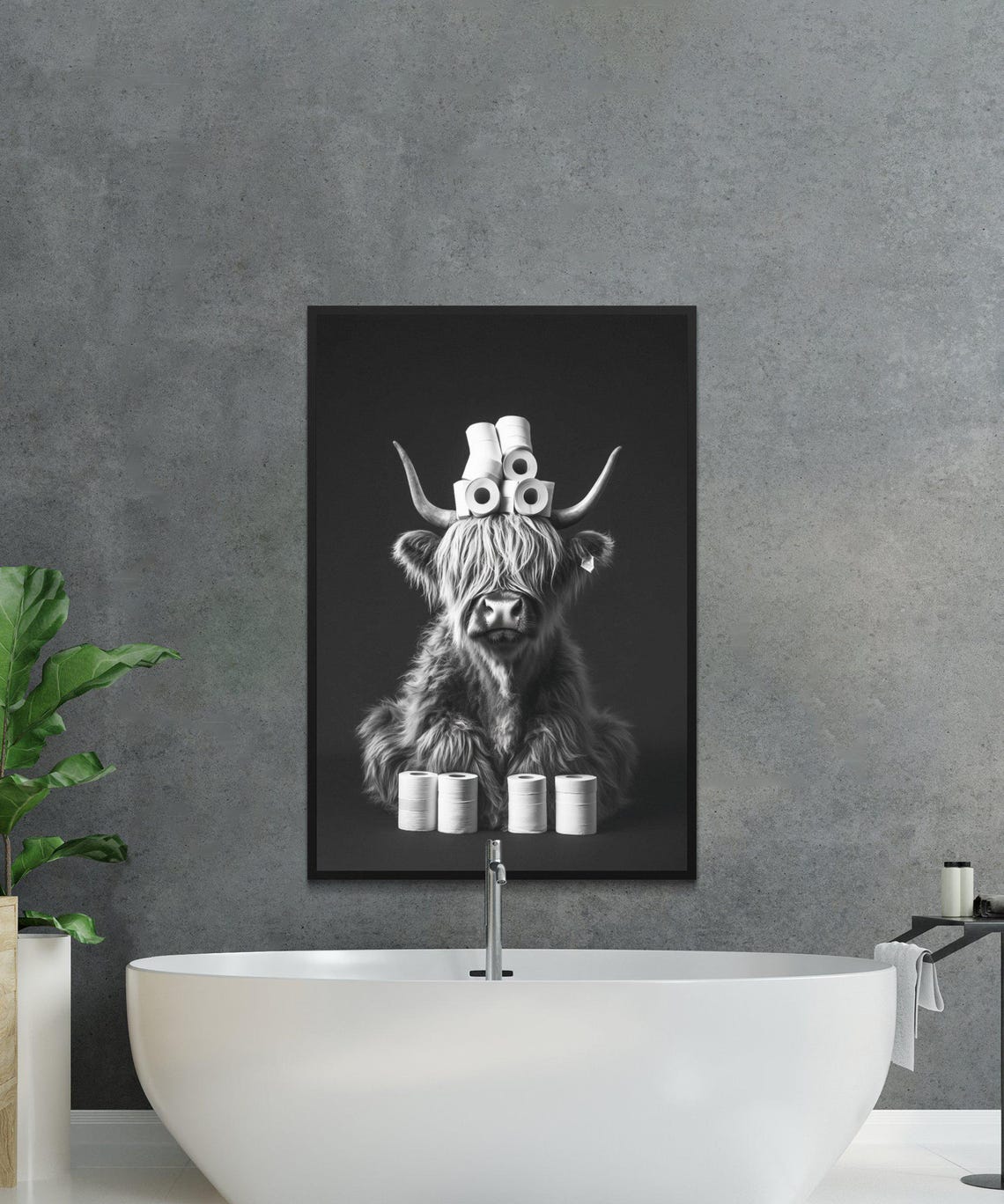 Highland Cow with Toilet Paper Rolls Balanced on Its Head Poster - Image 2