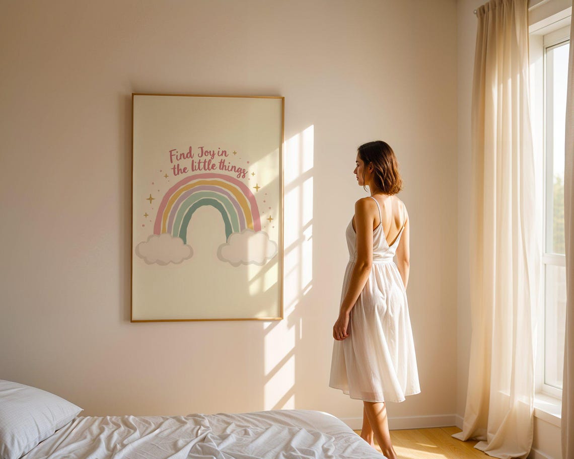 Find Joy in the Little Things Pastel Rainbow Clouds Quote Poster - Image 4
