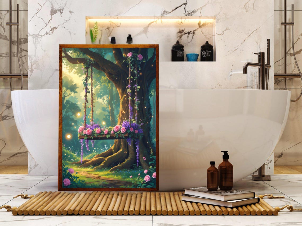 Rose Covered Tree Swing Enchanted Forest Floral Scene Art Print - Image 5