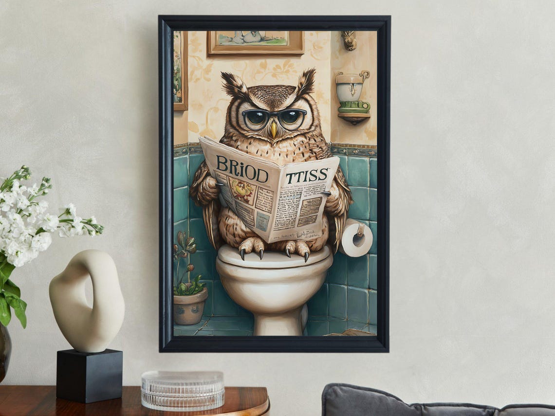 Wise Owl in Glasses Reading a Newspaper Sitting on the Toilet Poster - Image 2