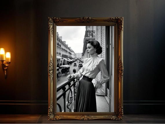 Vintage Fashion Lady On Balcony Black And White Wall Art Classic Elegance Victorian Era Parisian Street Scene Elegant Decor