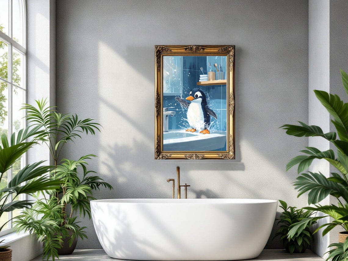 Playful Penguin Splashing Water Across the Bathroom Sink Poster - Image 3
