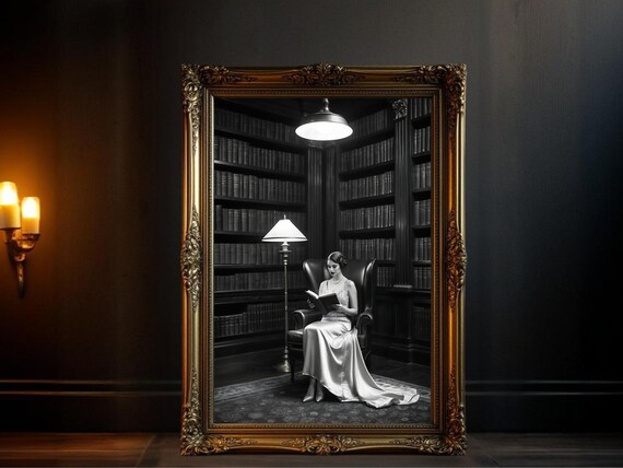 Woman In Satin Gown Reading Alone In A Vast Dark Library Poster