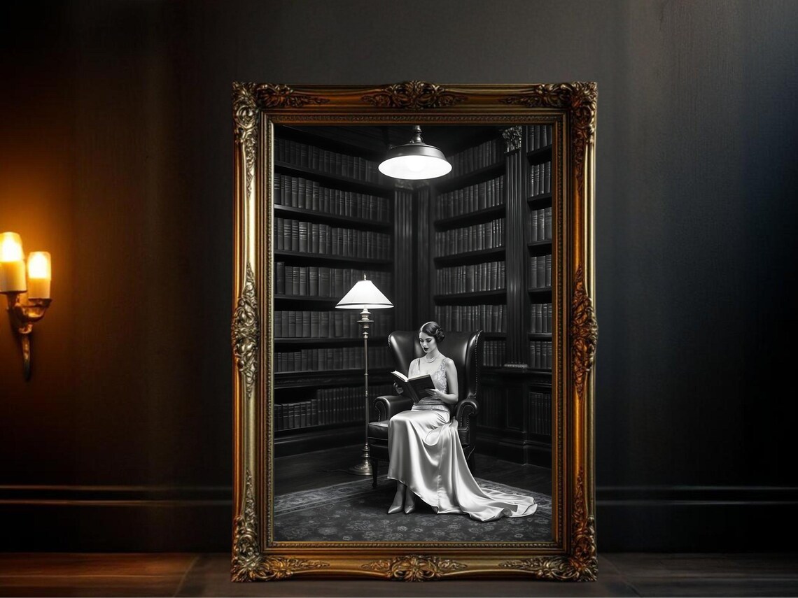 Woman In Satin Gown Reading Alone In A Vast Dark Library Poster