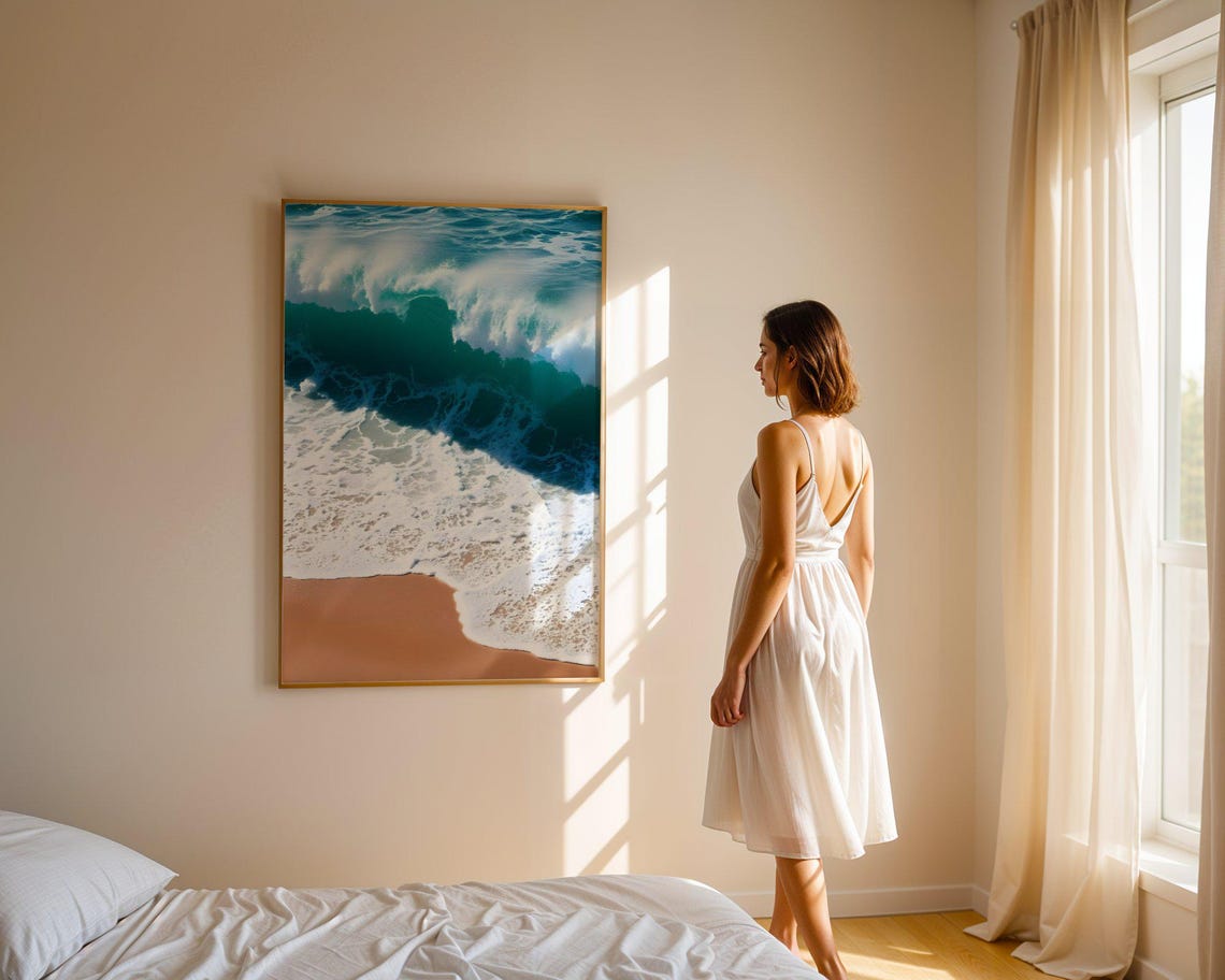 Turquoise Ocean Wave Breaking Over Golden Sandy Shore Poster - Image 4