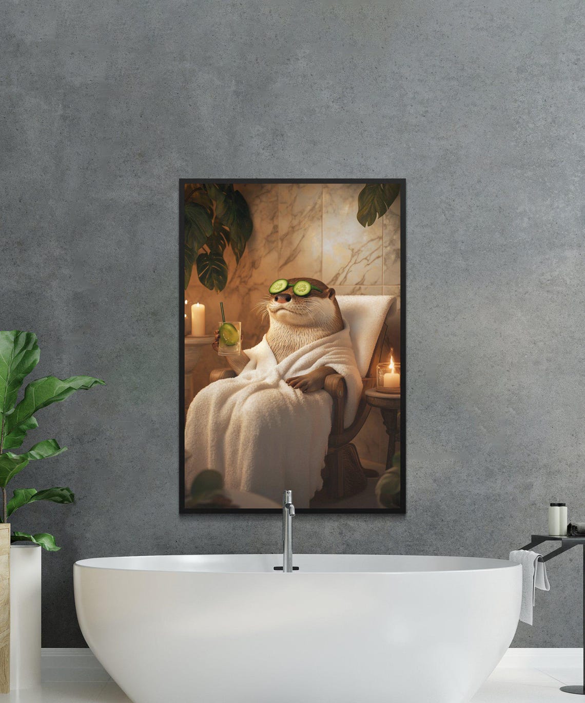 Otter in a Bathrobe With Cucumber Eyes Marble Spa Day Poster - Image 2