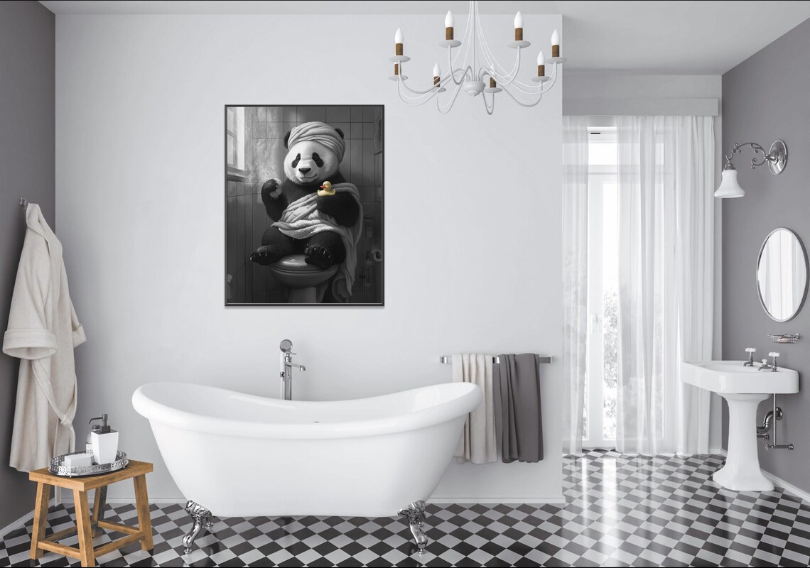 Panda in a Towel Turban Sitting on the Toilet with Rubber Duck Poster - Image 2