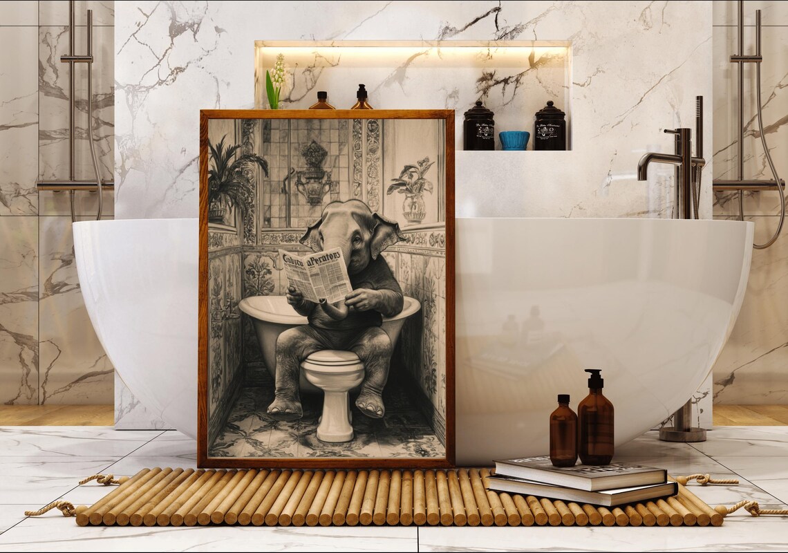 Baby Elephant Reading Newspaper On Toilet Funny Animal Poster - Image 5