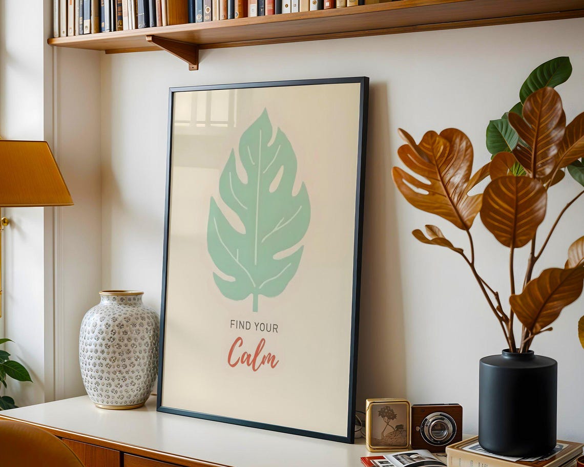 Find Your Calm Mint Monstera Leaf Boho Style Affirmation Quote Poster - Image 5