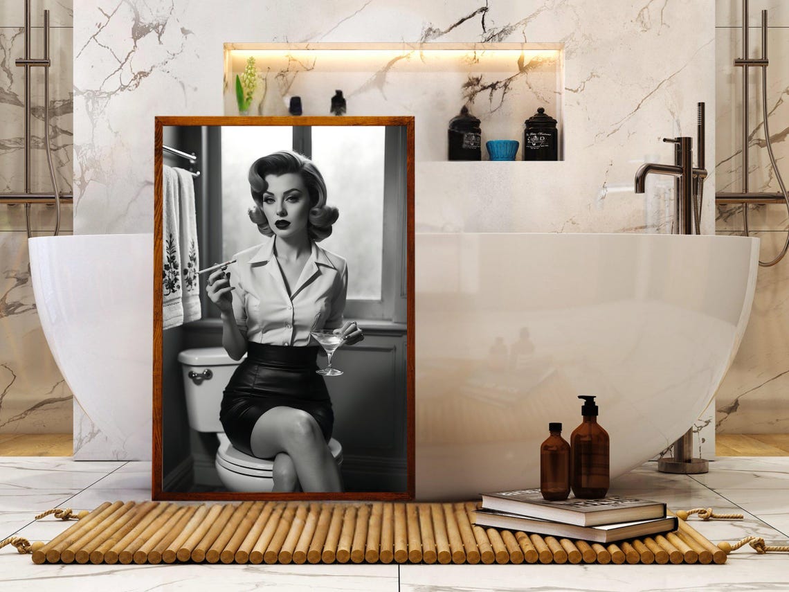 Retro Pin Up Woman With a Martini Sitting on a Toilet Poster - Image 5