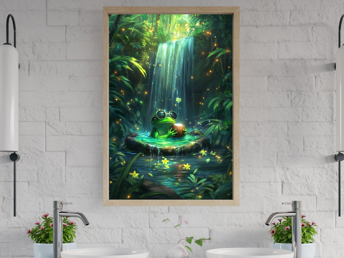 Cool Frog With Sunglasses Sipping Coconut Under A Jungle Waterfall Poster