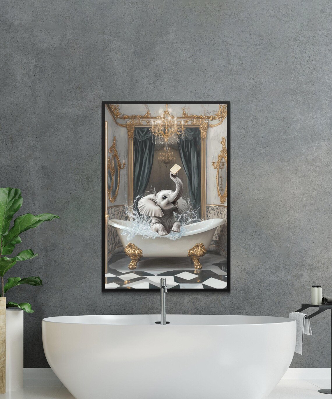 Baby Elephant Splashing in an Ornate Gold Clawfoot Tub Poster - Image 2