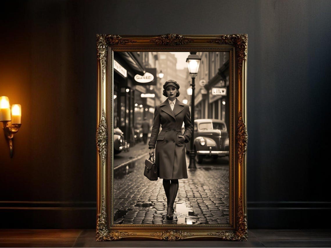 Vintage Street Scene Wall Art Timeless Fashion Decor Retro Lady Street Art Print Classic Urban Photography Elegant Wall Art