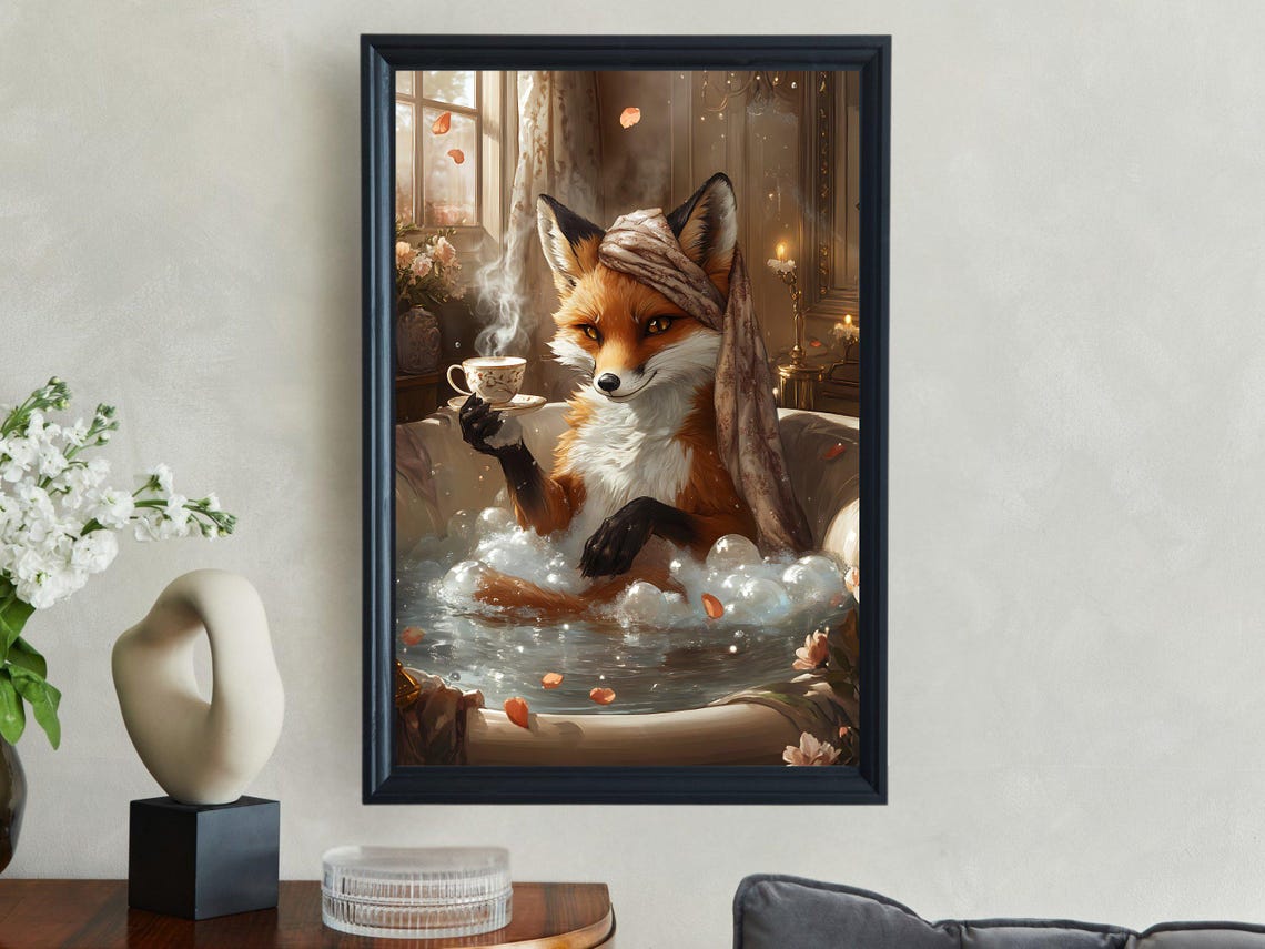 Elegant Fox Enjoying Hot Tea in a Rose Petal Bubble Bath Poster - Image 2