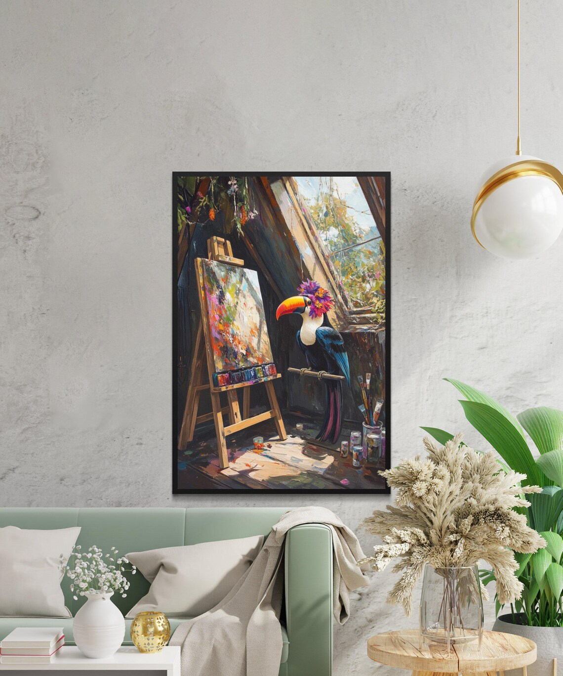 Toucan Artist With Flower Crown Painting In A Sunlit Art Studio Poster - Image 2